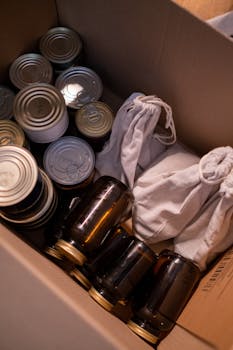 A top view of a cardboard box filled with canned and bottled food supplies, perfect for storage.